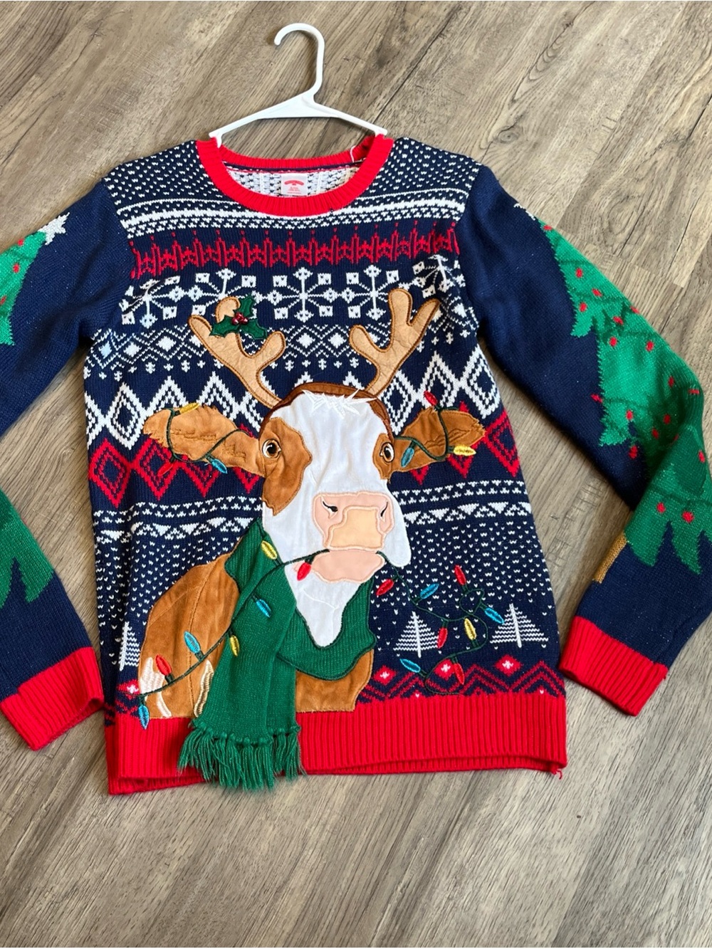 Adult Navy Holiday Cow Reindeer Knit Sweater with Green Scarf S